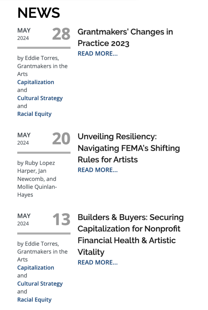 Screenshot of Grantmakers in the Arts news section, with three of their latest article titles displayed in a column. 